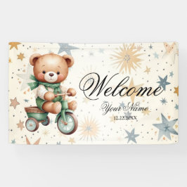 Willkommenes Watercolor Teddy Bär Green Bike Party Banner