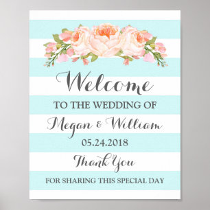 Willkommens-Hochzeitsschild Blaue Blumen Streifen Poster