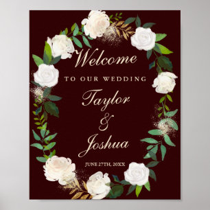 Willkommens-Hochzeitsschild Burgunderrot Gold Aqua Poster