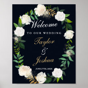 Willkommens-Hochzeitsschild Navy Blumenkranz Poster