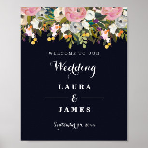 Willkommens-Hochzeitsschild Navy Botanical Flower Poster
