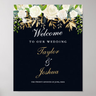 Willkommens-Hochzeitsschild Navy Gold Floral Poster