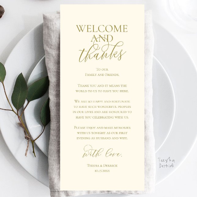 Willkommens- und Dankes-Hochzeitsdinner-Dankeskart Programm (Welcome and Thanks Wedding Reception Dinner Celebration Thank You Card in Yellow Gold Cream)