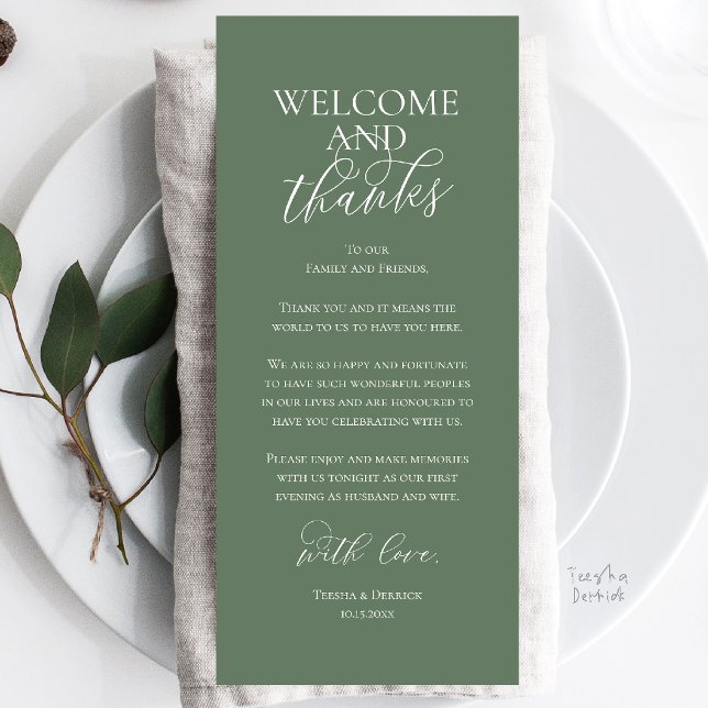 Willkommens- und Dankeskarte für das Hochzeitsdinn Programm (Welcome and Thanks Wedding Reception Dinner Celebration Thank You Card in Sage Green)