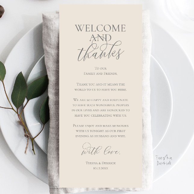 Willkommens- und Dankeskarte für das Hochzeitsdinn Programm (Welcome and Thanks Wedding Reception Dinner Celebration Thank You Card in Cream Grey)