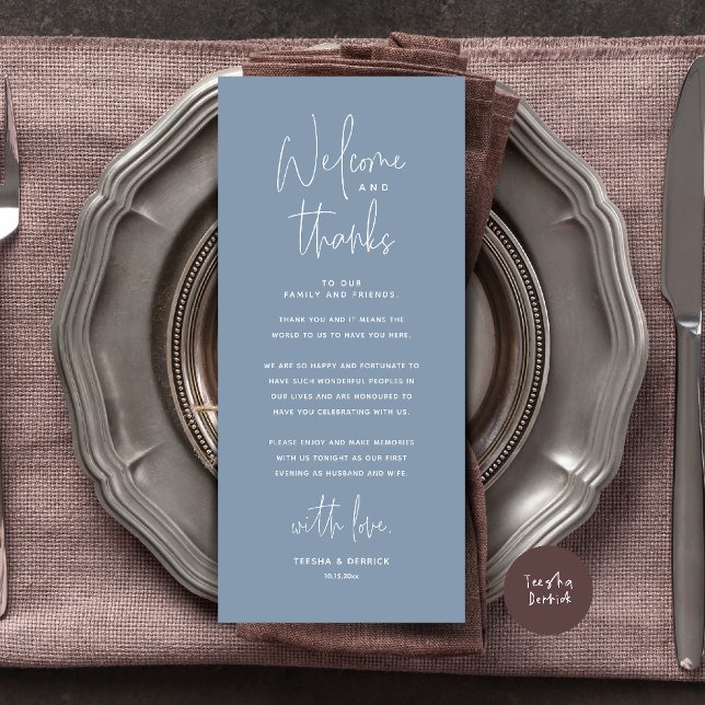 Willkommens- und Dankeskarte für die Hochzeitsfeie Programm (Welcome n Thanks Wedding Reception Dinner Brunch Lunch Thank You Card in Dusty Blue)