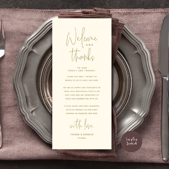 Willkommens- und Dankeskarte für die Hochzeitsfeie Programm (Welcome n Thanks Wedding Reception Dinner Brunch Lunch Thank You Card in Yellow Gold)