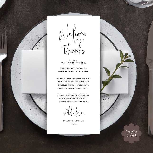 Willkommens- und Dankeskarte für die Hochzeitsfeie Programm (Welcome n Thanks Wedding Reception Dinner Brunch Lunch Thank You Card in Black White)