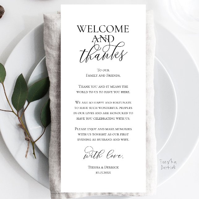 Willkommens- und Dankeskarten für das Hochzeitsdin Programm (Welcome and Thanks Wedding Reception Dinner Celebration Thank You Card in Black and White)
