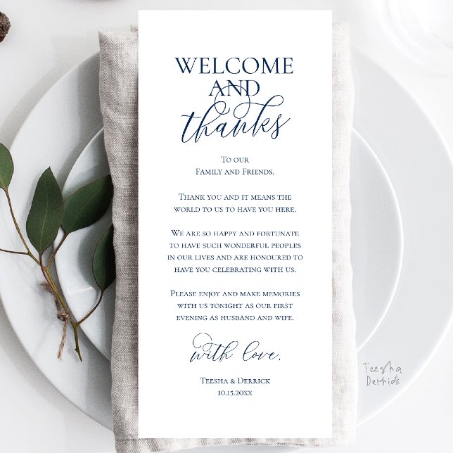 Willkommens- und Dankeskarten für das Hochzeitsdin Programm (Welcome and Thanks Wedding Reception Dinner Celebration Thank You Card in Navy Blue)