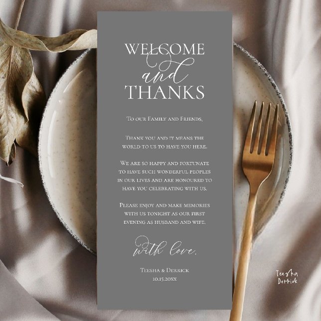 Willkommens- und Dankeskarten für das Hochzeitsdin Programm (Welcome and Thanks Wedding Reception Dinner Thank You Card in Dark Grey)