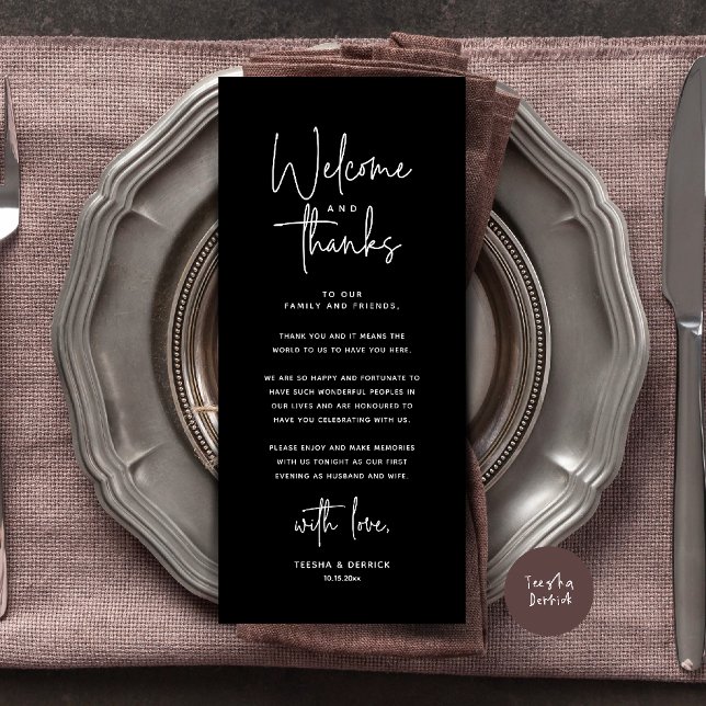 Willkommens- und Dankeskarten für Tischdekoratione Programm (Welcome and Thanks Modern Wedding Dinner Place Setting Thank You Card in Classy Black)