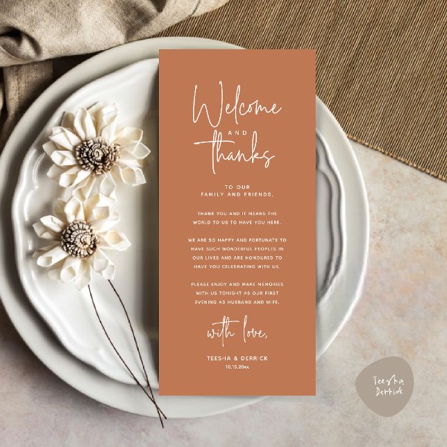 Willkommens- und Dankeskarten für Tischdekoratione Programm (Welcome and Thanks Modern Wedding Dinner Place Setting Thank You Card in Terracotta Copper Brown)