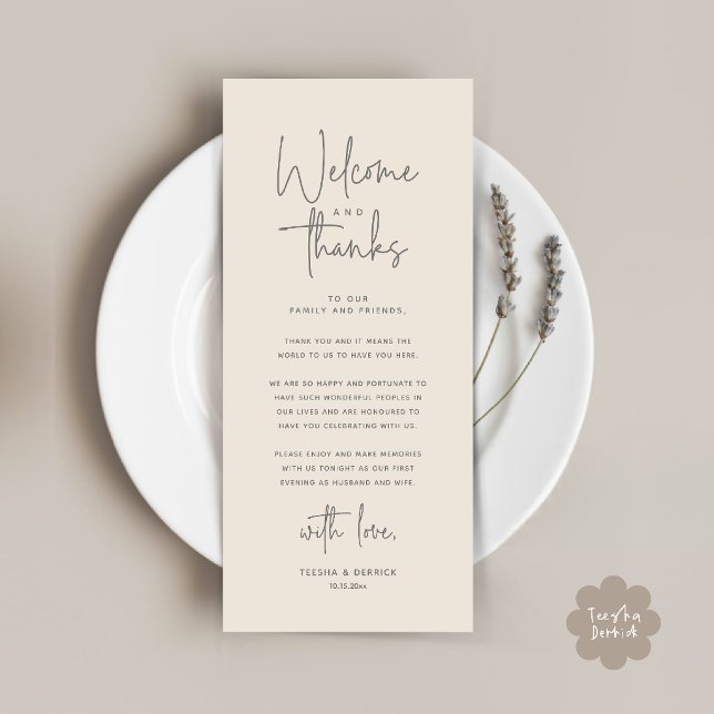 Willkommens- und Dankeskarten für Tischdekoratione Programm (Welcome and Thanks Modern Wedding Dinner Place Setting Thank You Card in Cream Grey)