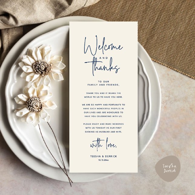 Willkommens- und Dankeskarten für Tischdekoratione Programm (Welcome and Thanks Modern Wedding Dinner Place Setting Thank You Card in Navy Blue Ivory)