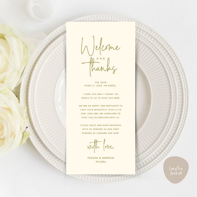 Willkommens- und Dankeskarten für Tischdekoratione Programm (Welcome and Thanks Modern Wedding Dinner Place Setting Thank You Card in Yellow Gold Cream)