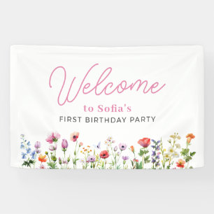 Willkommensgruß zum 1. Geburtstag mit rosa Wildblu Banner