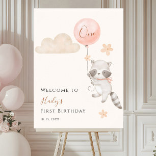 Willkommensgruß zum ersten Geburtstag des Waschbär Poster