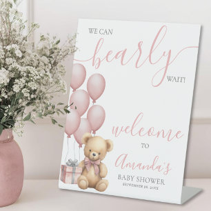 Willkommensgruß zur Babyparty mit rosa Teddybär-Ba Sockelschild