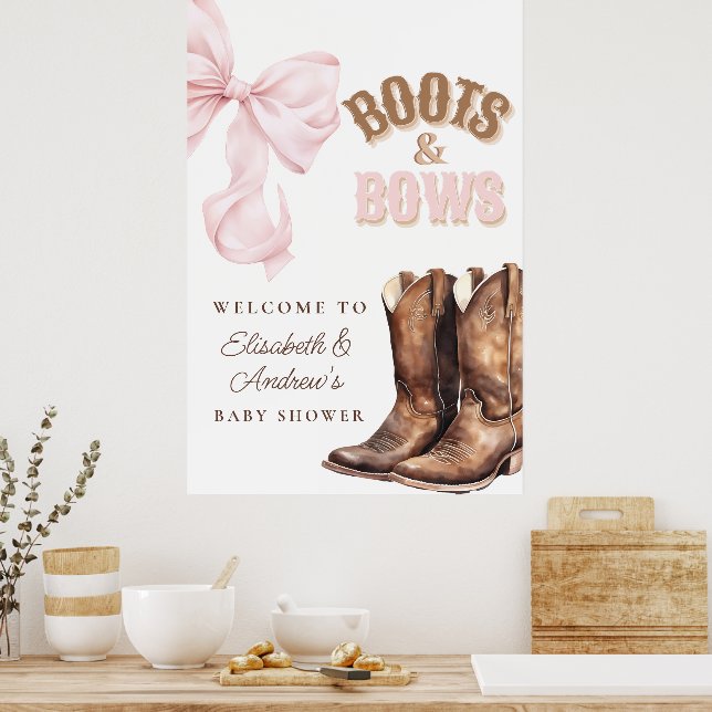 Willkommensposter für Baby Shower Boots & Bows Poster (Küche)