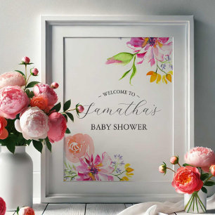 Willkommensschild "Baby in Bloom" – Rosa Blumenmus Poster