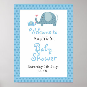 Willkommensschild Baby Shower Blaue Punkte Elefant Poster