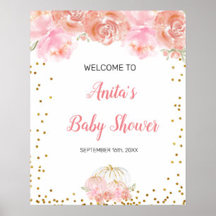 Willkommensschild Baby Shower mit rosa floralem Kü Poster