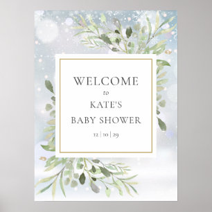 Willkommensschild Baby Shower Winter Schnee Grün Poster