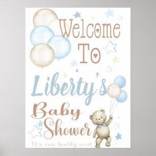 Willkommensschild Plakat Teddybär Blau Baby Shower