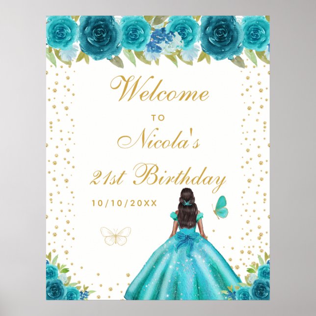 Willkommensschild Teal Dark Skin Mädchen Geburtsta Poster (Vorne)