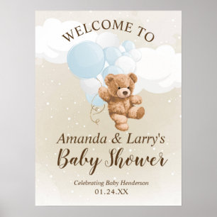 Willkommensschild Teddybär mit blauen Ballons Poster