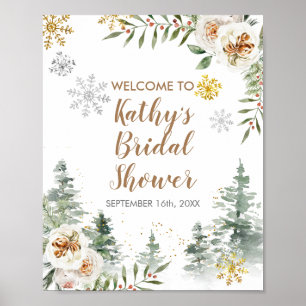 Willkommensschild Winter Weiße Florale Kiefern Poster