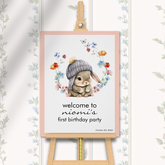 Willkommensschild zum ersten Geburtstag mit Bunny  Poster (Bunny Floral First Birthday Welcome Sign 1)