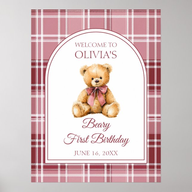 Willkommensschild zum Geburtstag mit Teddybär und  Poster (Vorne)