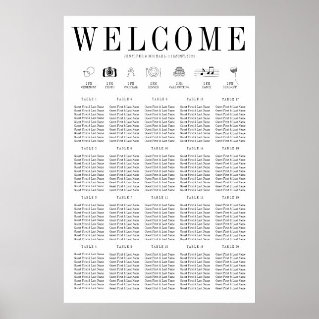 Willkommenssitzplan 20 zwanzig Tischnummer Poster (Vorne)