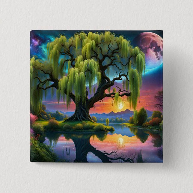 Willow Baum unter Vollmond N Sternenhimmel Sunset Button (Vorderseite)