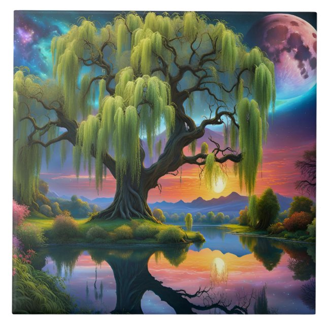 Willow Baum unter Vollmond N Sternenhimmel Sunset Fliese (Vorderseite)