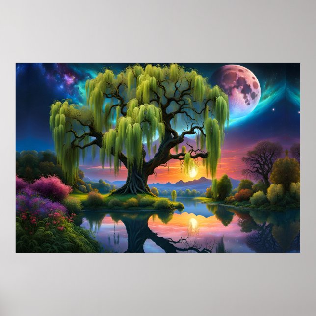 Willow Baum unter Vollmond N Sternenhimmel Sunset Poster (Vorne)