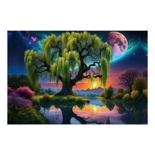 Willow Baum unter Vollmond N Sternenhimmel Sunset Poster