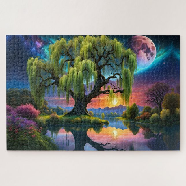 Willow Baum unter Vollmond N Sternenhimmel Sunset Puzzle (Horizontal)