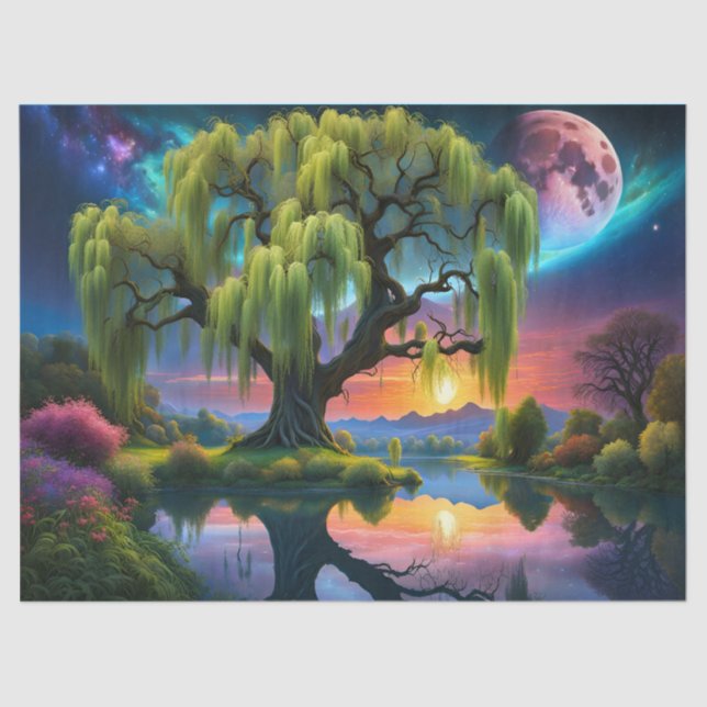 Willow Baum unter Vollmond N Sternenhimmel Sunset Seidenpapier (Vorderseite)