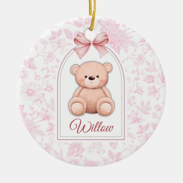 Willow | Benutzerdefiniertes rosa Teddy-Bär-Kinder Keramik Ornament (Vorne)