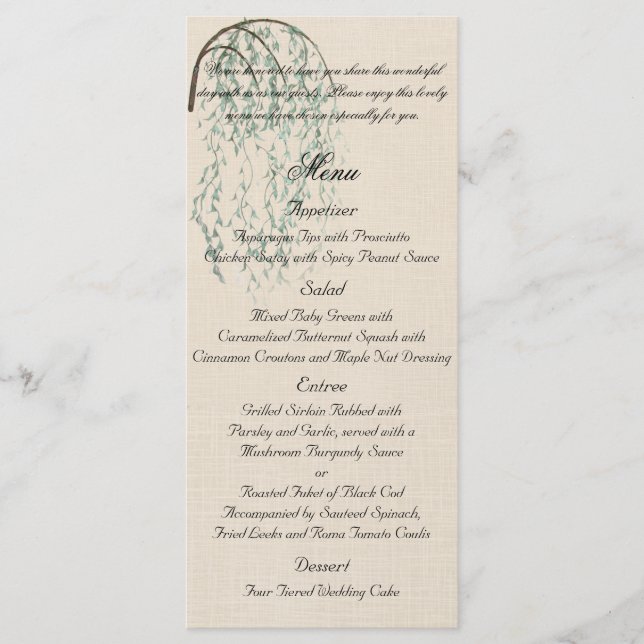 Willow Branch auf Linen Wedding Menu Menükarte (Vorderseite)