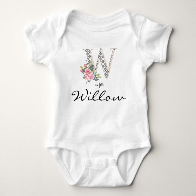 Willow Name Reveal Floral Letter W Retro Blume Baby Strampler (Vorderseite)