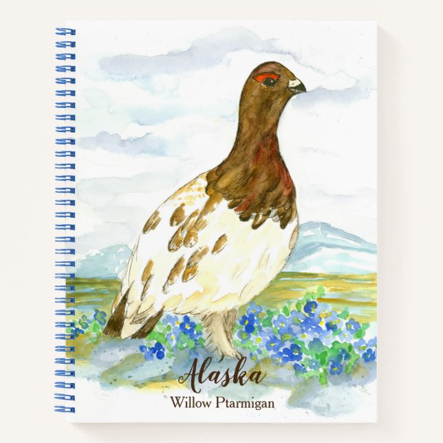 Willow Ptarmigan Alaska Staat Bird Blue Watercolor Notizbuch (Vorderseite)