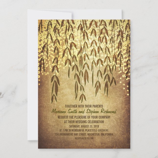 Willow Tree Branches String Lights Wedding lädt ei Einladung (Vorderseite)