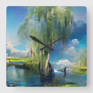 Willow tree to sky Abstrakt Quadratische Wanduhr
