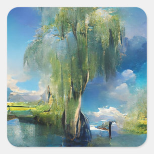 Willow tree to sky Abstrakt Quadratischer Aufkleber