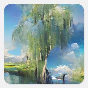 Willow tree to sky Abstrakt Quadratischer Aufkleber