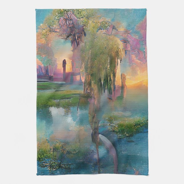 Willow und wisteria am Teich bei Sonnenuntergang Geschirrtuch (Vertikal)